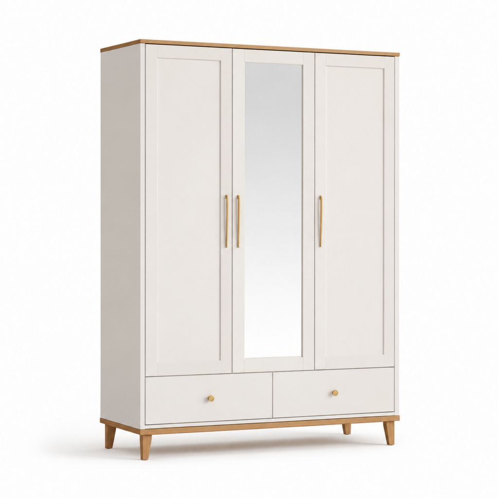 Kleiderschrank 3-türig Weiß MDF mit Spiegel und 2 Schubladen 120 x 52 x 200 cm