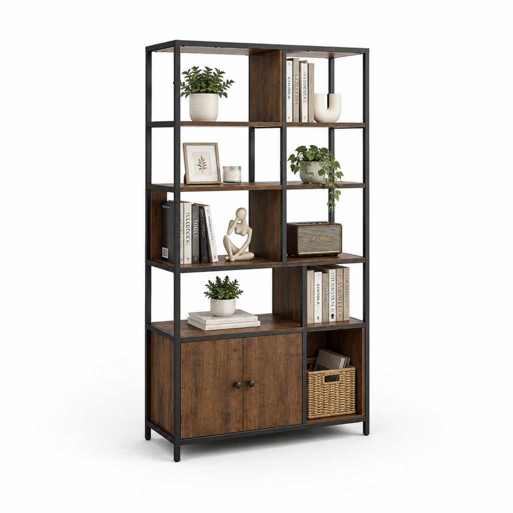 Standregal Bücherregal mit 2 Türen Braun Schwarz aus Spanplatte und Stahl 80 x 30 x 180 cm