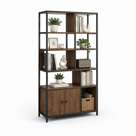 Standregal Bücherregal mit 2 Türen Braun Schwarz aus Spanplatte und Stahl 80 x 30 x 180 cm