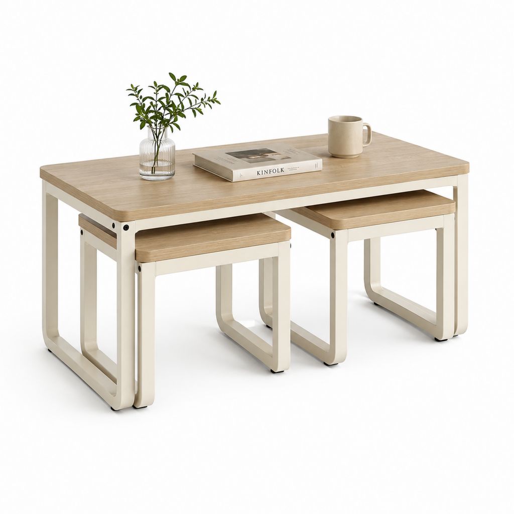 Couchtisch Set mit 2 Hockern Eichefarben Weiß MDF Stahl rechteckig 100 x 50 x 50 cm