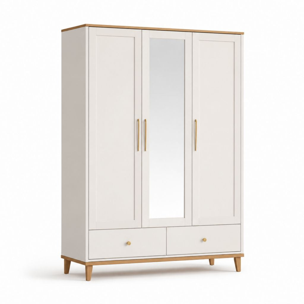 Kleiderschrank 3-türig Weiß MDF mit Spiegel und 2 Schubladen 120 x 52 x 200 cm