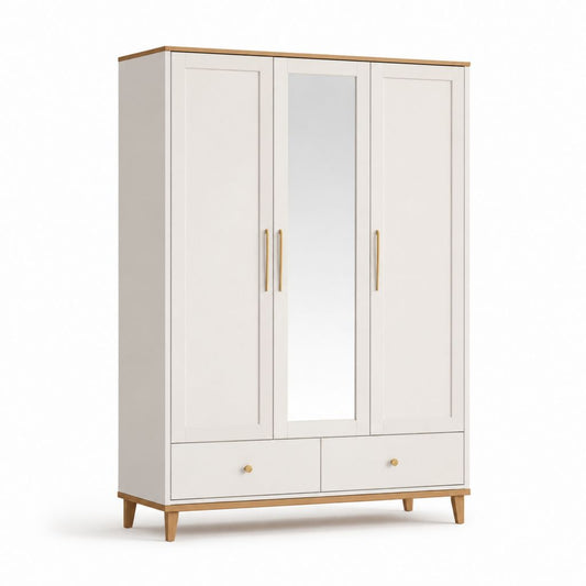 Kleiderschrank 3-türig Weiß MDF mit Spiegel und 2 Schubladen 120 x 52 x 200 cm