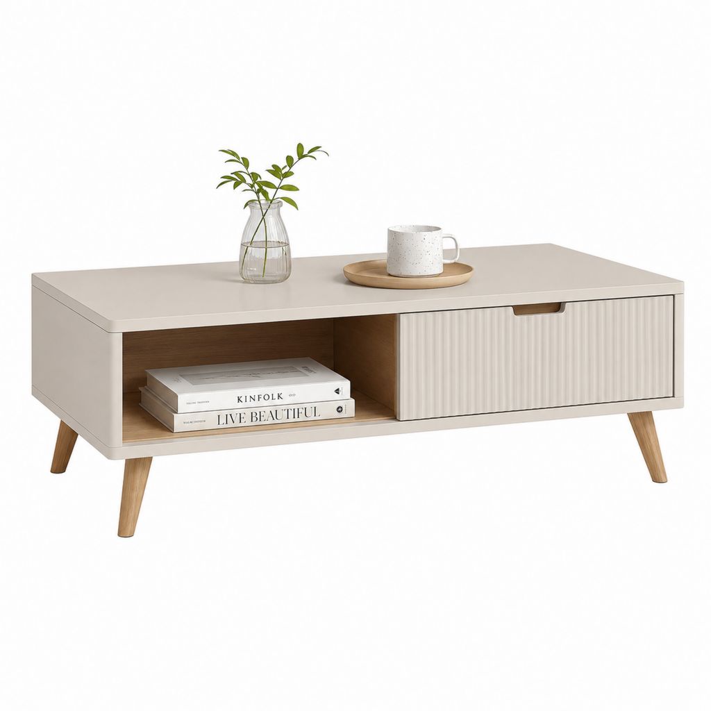 Couchtisch mit Schublade Beige MDF Massivholz Rechteckig 100 x 50 x 45 cm
