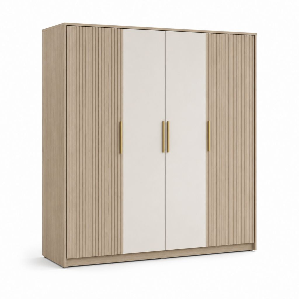 Kleiderschrank 4 Türen Beige Eicheoptik Spanplatte 200 x 200 x 60 cm