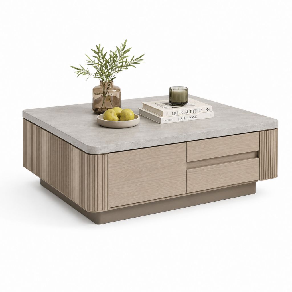 Couchtisch Rechteckig Beige Grau mit Schubladen aus MDF und Sinterstein 120 x 60 x 40 cm