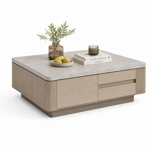 Couchtisch Rechteckig Beige Grau mit Schubladen aus MDF und Sinterstein 120 x 60 x 40 cm