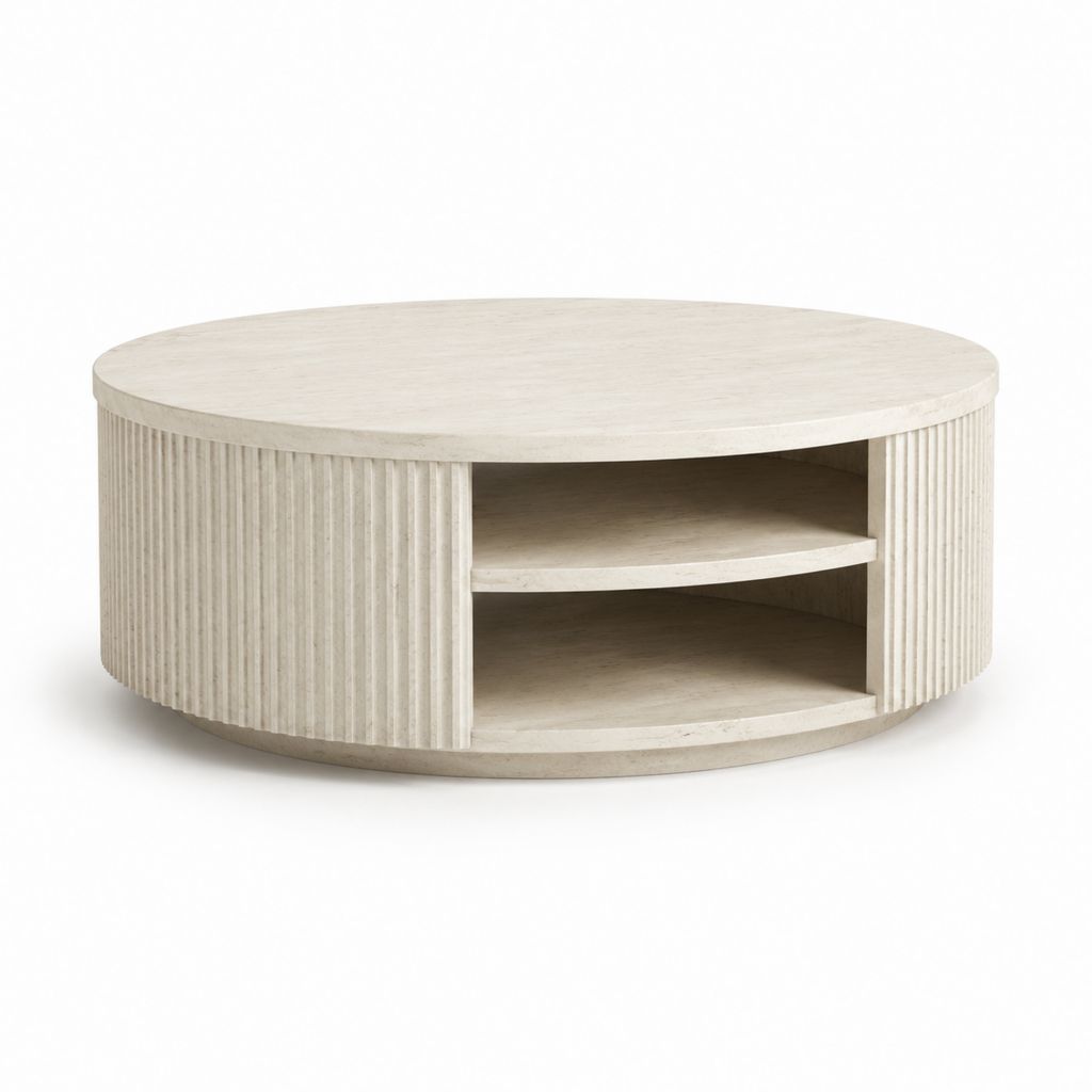 Couchtisch rund Cremeweiß Travertin 90 x 90 x 40 cm mit offenem Stauraum