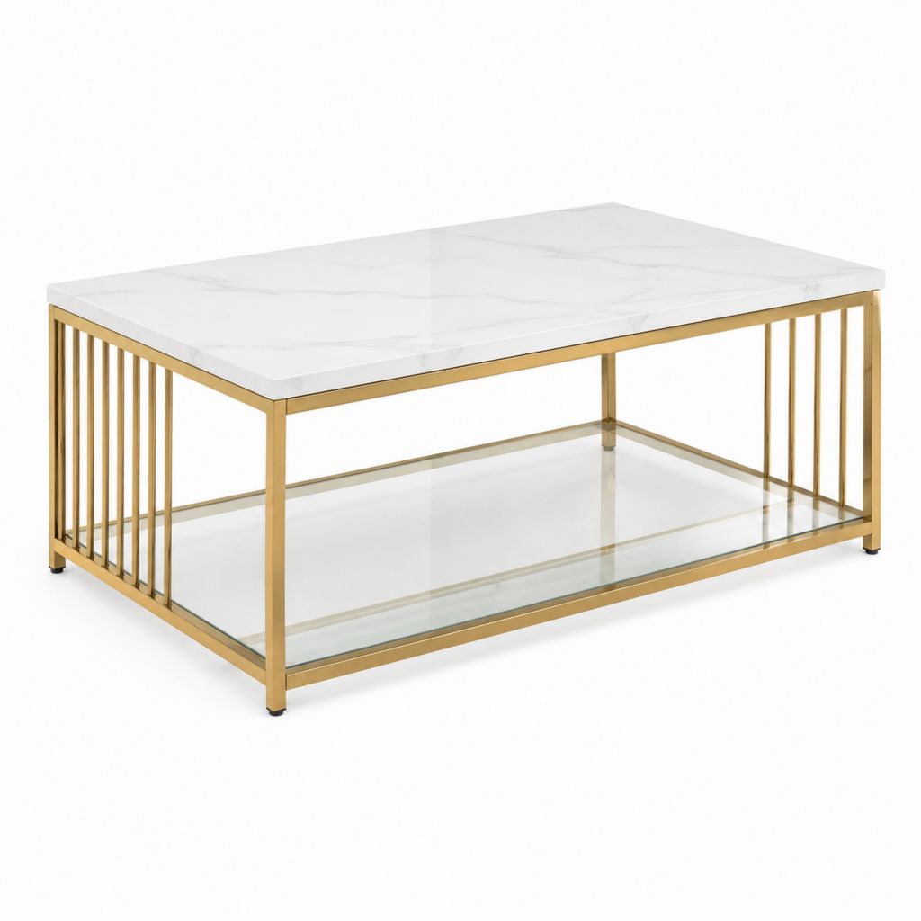 Couchtisch rechteckig Weiß Gold Sinterstein Edelstahl 100 x 60 x 45 cm mit Glasablage